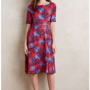 Anthropologie Red Blue Theodora Midi dress